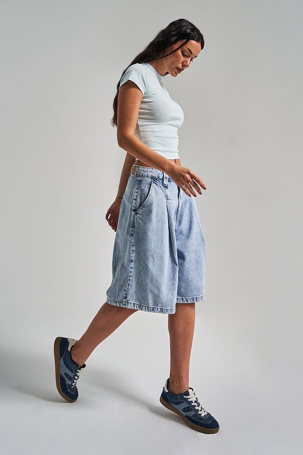 Kadın Snow Kot Rengi 3s5-3 Maxi Boy Baggy Fit %100 Koton Pileli Denim Bermuda Şort - 3