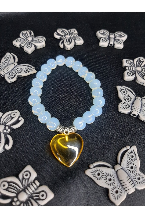 Handmade Opal Look Beaded Bracelet – Yellow Heart Charm Detailed