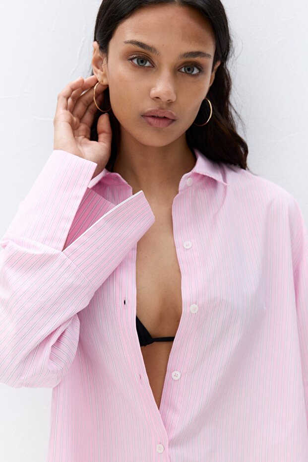 Geniş manşetli çizgili gömlek - 5