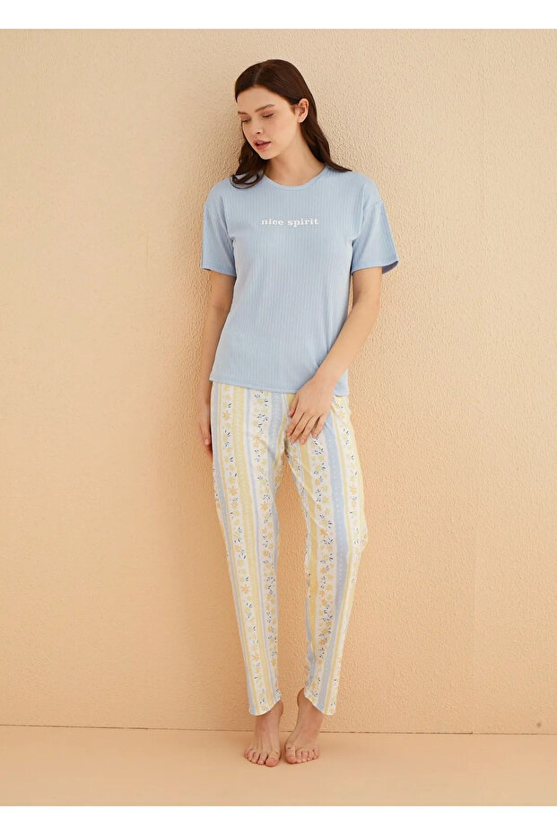 Mavi Bisiklet Yaka Kısa Kollu Pijama Takımı - 70105 - 3