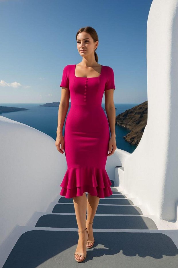 Women's Square Neck Short Sleeve Button Detail Double Flounce Midi Evening Dress Fuchsia 582981