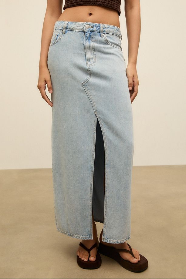 D70 dökümlü denim midi etek - 2
