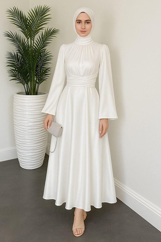 Bell Sleeve Wrap Waist Satin Evening Dress White 583163