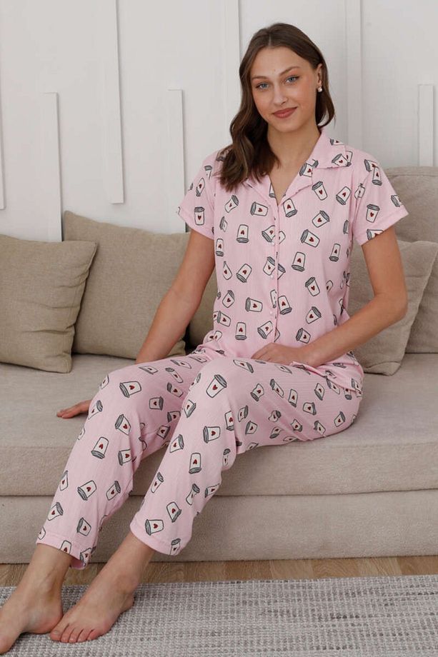 Pembe Kahve Bardağı Desenli Düğmeli Pijama Takımı - 15655 - 2