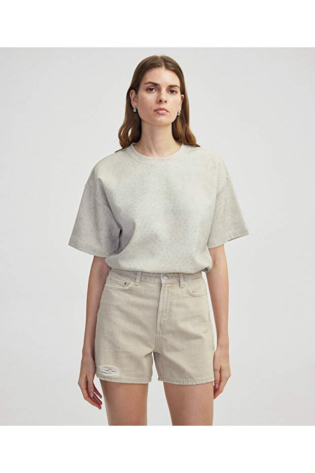 Eskitme efektli denim şort - 2