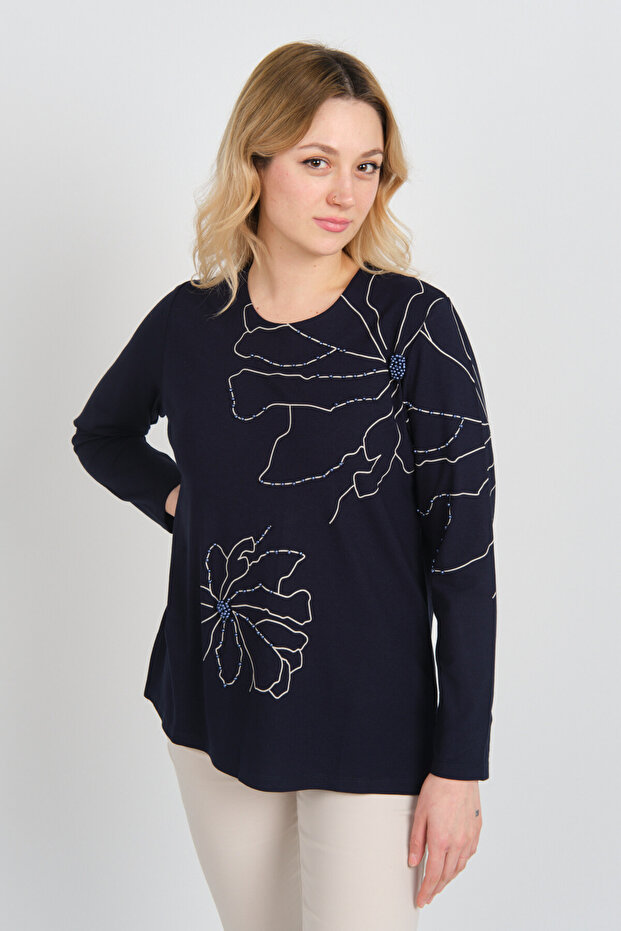 Women's Beaded Embroidered Patterned Long Sleeve Mother Blouse 5737 Navy Blue