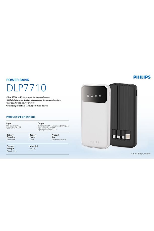Kablolu 10000mAh Powerbank,2.1A Çıkış,4 Kablo(USB-A,Type-C,Micro USB,Lightning),37Wh,DLP7710 - 4