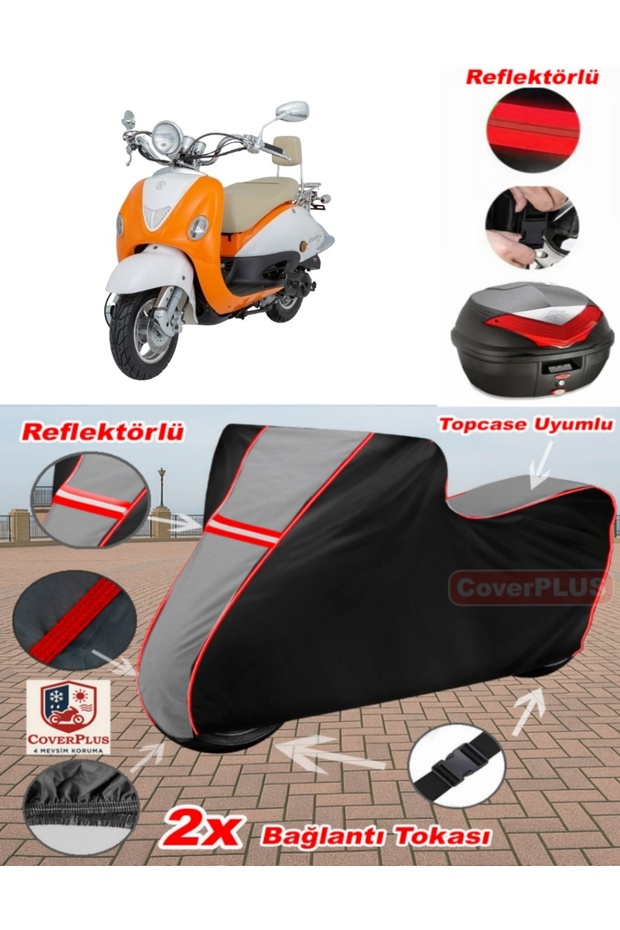 Mondial 50 Znu Ec Tarpaulin Topcase Compatible Motorcycle Tarpaulin (Grey-Black Red Stitched)