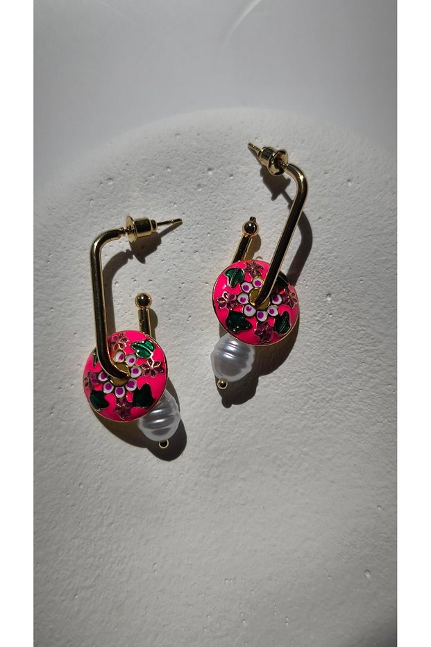 Pearl Dangle Earrings with Pink Flower Embroidery Detail