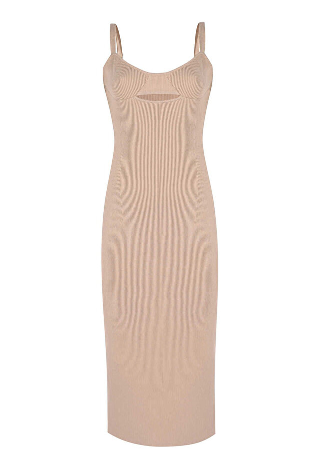 Askılı Bej Triko Elbise - 4