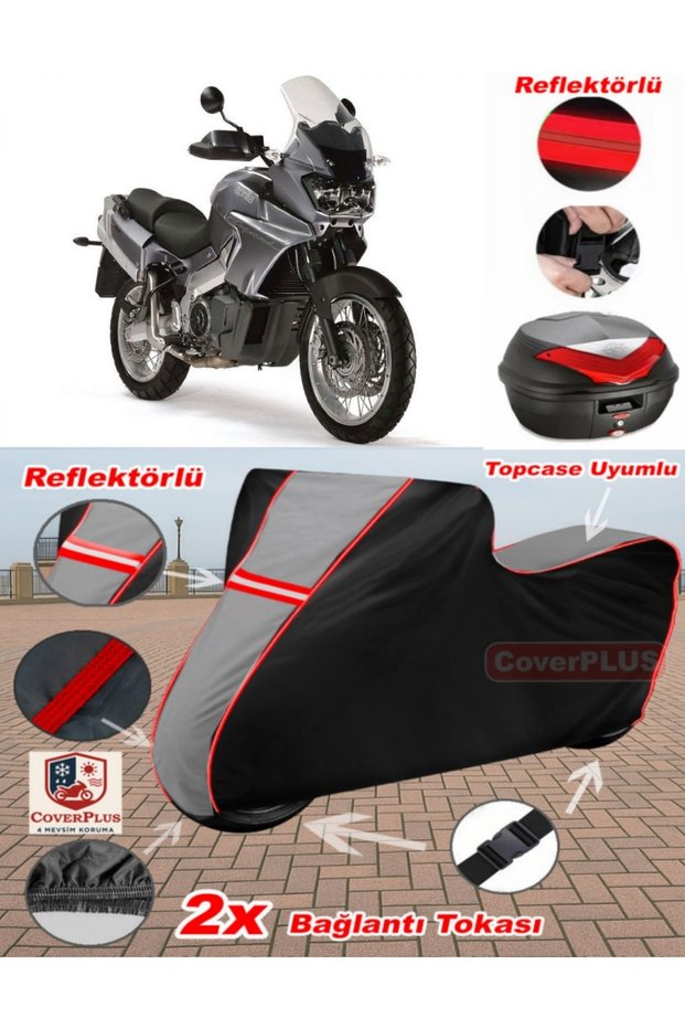 Motorcycle Tarpaulin Compatible with Aprilia Caponord 1000 Etv Abs Tarpaulin Topcase (Grey-Black Red Stitched)