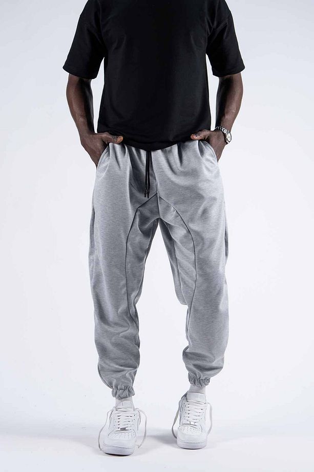 Erkek Pileli Basic Bol Gri Jogger Şalvar Pantolon - 1