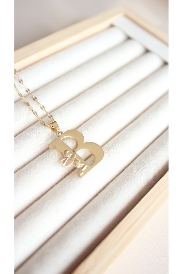 Women's Gold Color Angel Figured B Letter Tarnish Stainless Steel Design Necklace