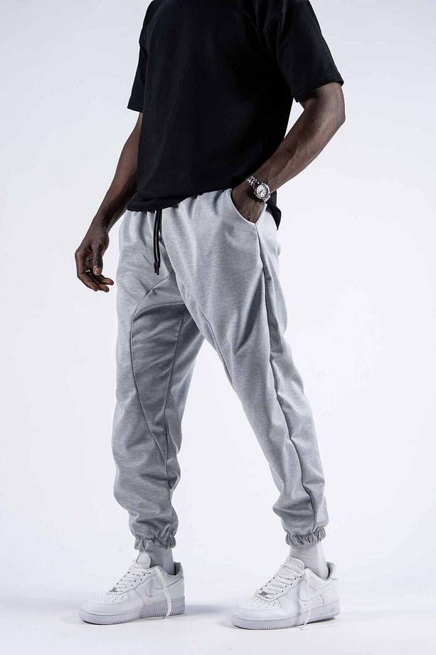 Erkek Pileli Basic Bol Gri Jogger Şalvar Pantolon - 3