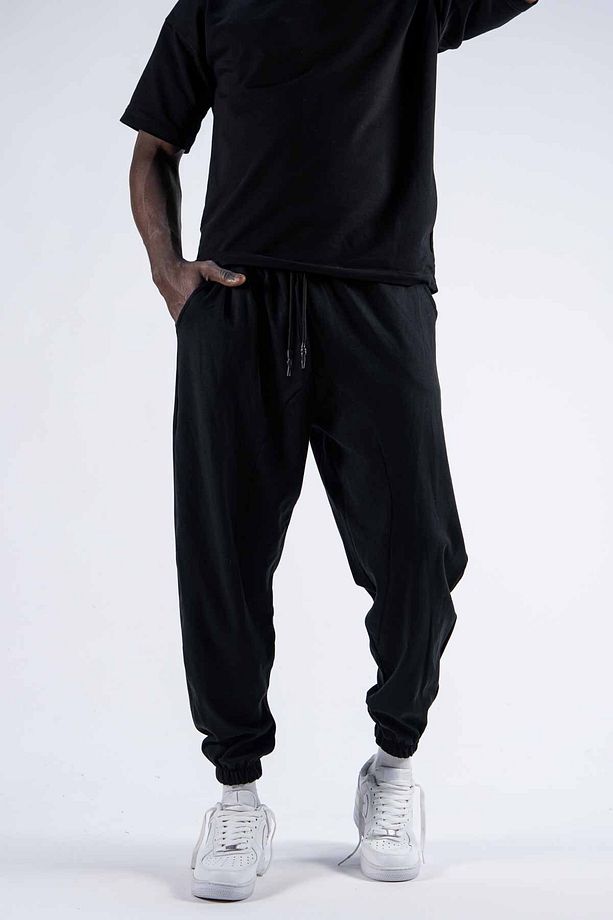 Erkek Pile Basic Bol Siyah Jogger Şalvar Pantolon - 2