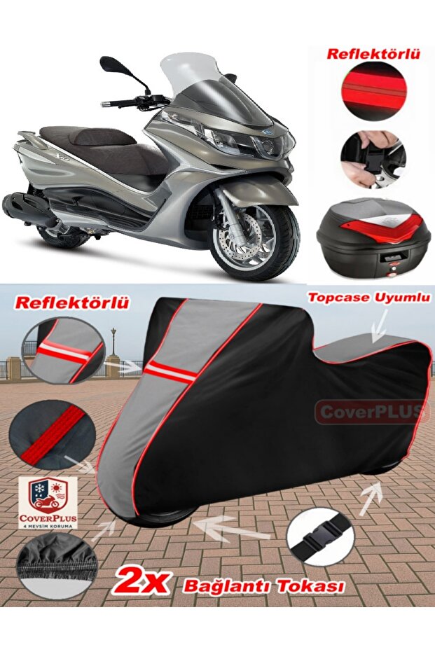 Piaggio X10 350 Tarpaulin Topcase Compatible Motorcycle Tarpaulin (Grey-Black Red Stitched)