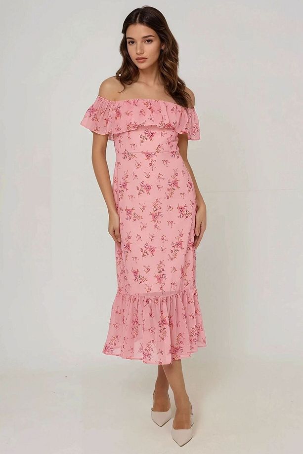 Omzu Açık Çiçek Desenli Bodycon Midi Elbise - 1