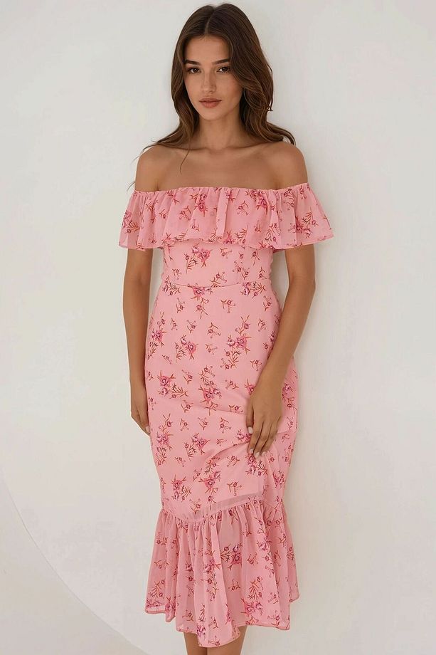 Omzu Açık Çiçek Desenli Bodycon Midi Elbise - 5