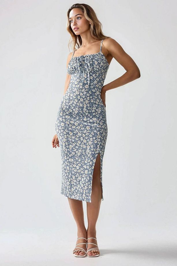 Yırtmaç Detaylı Çiçek Desenli Bodycon Midi Elbise - 5