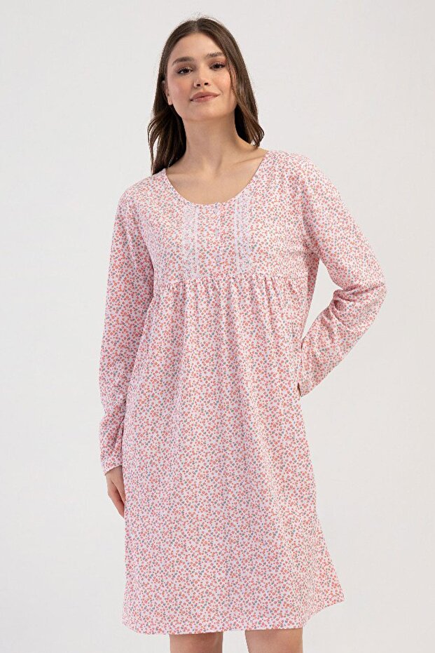 Women's Large Size Long Sleeve Salmon Nightgown 100% Cotton
