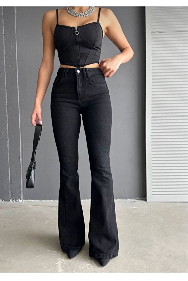 Black High Waist Stretch Fabric Flared Jeans (SIZE GUIDE IS IN THE IMAGE)