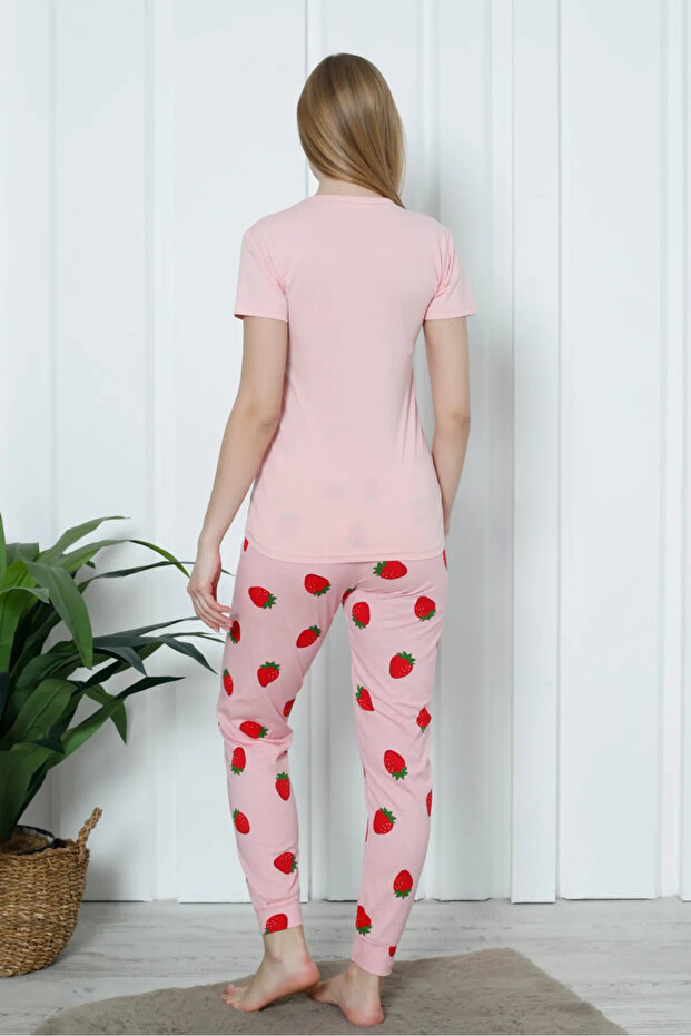 Pembe Çilek Desenli Kısa Kollu Pijama Takımı - 4123 - 4