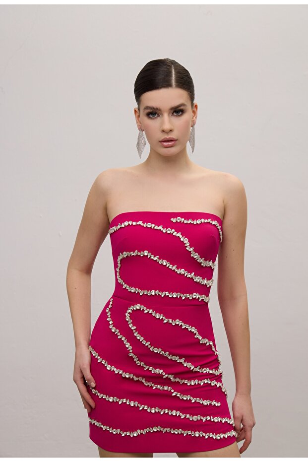 Straplez Mini Boy Taşlı Elbise - 1