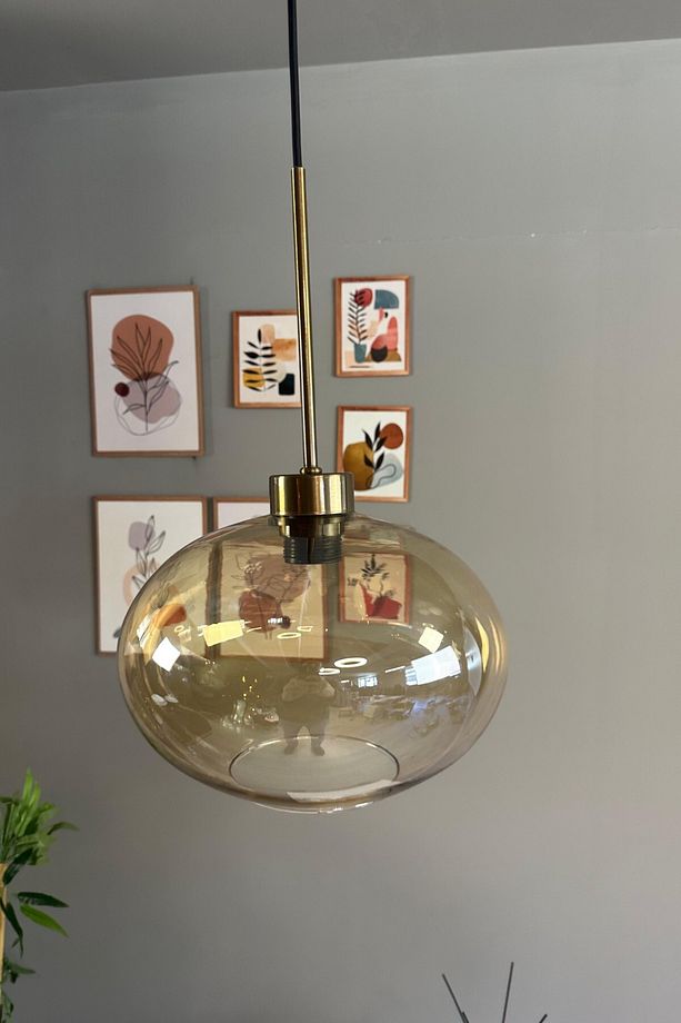 Solvia Cam Bal Rengi Tekli Avize İnce Eskitme Başlık Retro Sarkıt Lamba Salon Aydınlatma - 5