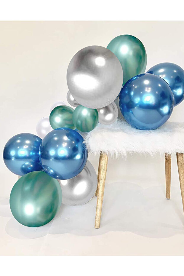 Chrome Shiny Metallic Green-Blue-Silver Color 15 Balloons (3 Color Set)