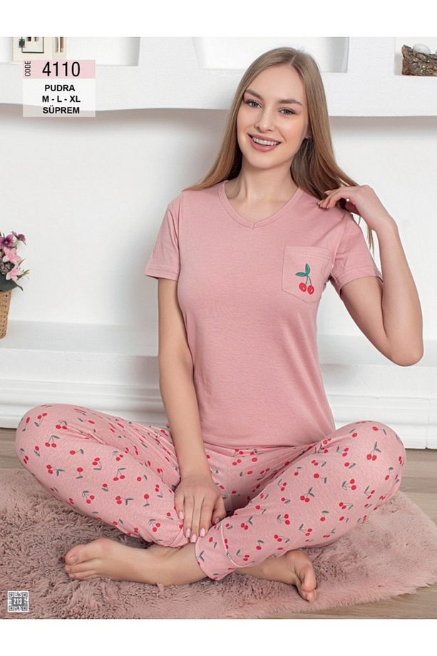 Pudra Kiraz Desenli Kısa Kollu Pijama Takımı - 4110 - 1