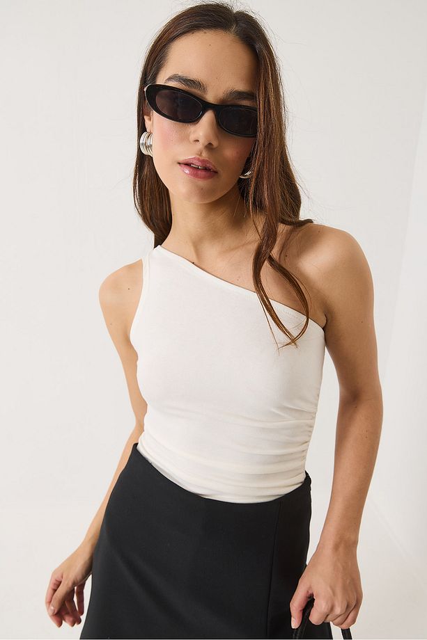 Kadın Drape Detaylı Tek Omuz Soft Touch Esnek Viskon Bluz 4013 60284028 - 6