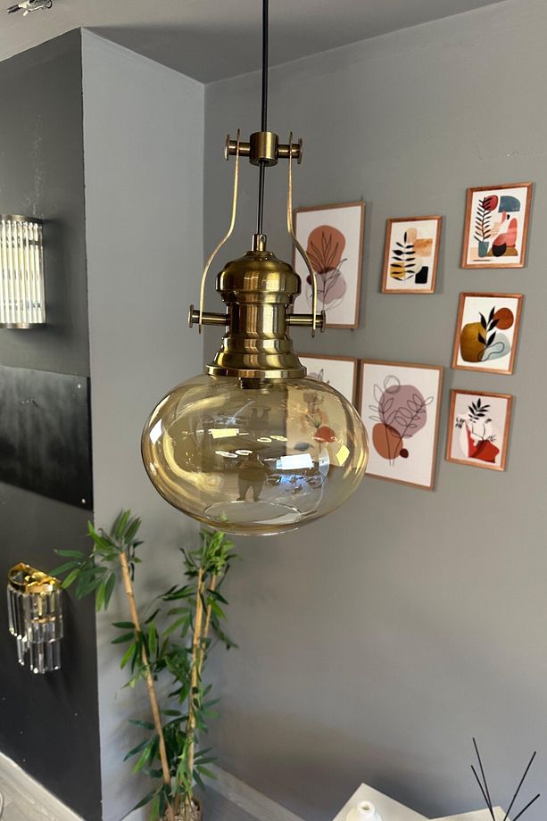 Solvia Cam Bal Rengi Tekli Avize Retro Sarkıt Lamba Salon Aydınlatma - 4