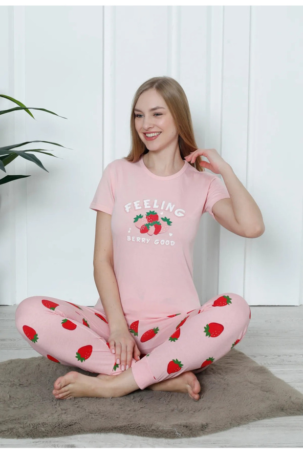 Pembe Çilek Desenli Kısa Kollu Pijama Takımı - 4123 - 5