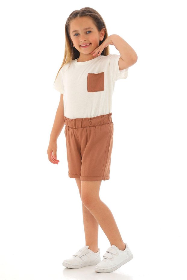 Short Sleeve Front Pocket Detailed Ecru Brick Color Girl's Shorts Suit
