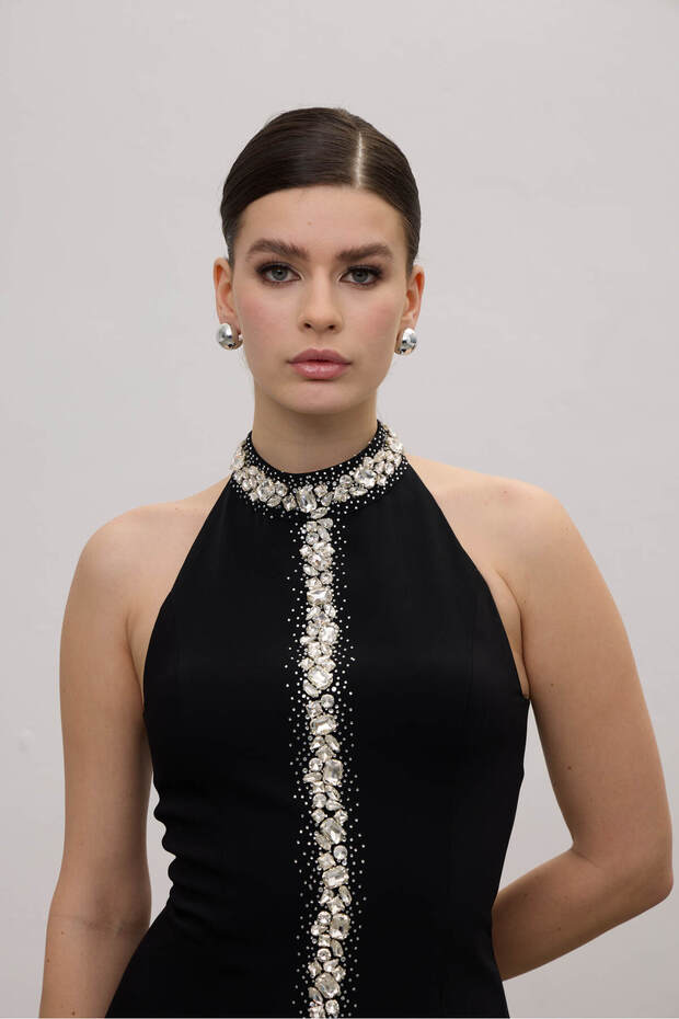 Halter Yaka Bağlamalı Crystal Taşlı Mini Elbise - 4