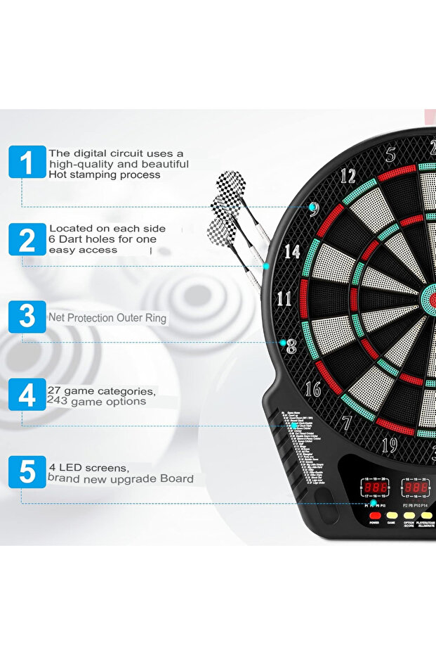 Electronic Dartboard Game with LCD Display, 27 Games, 6 Darts & 24 Tips – For Multiple Players - 5