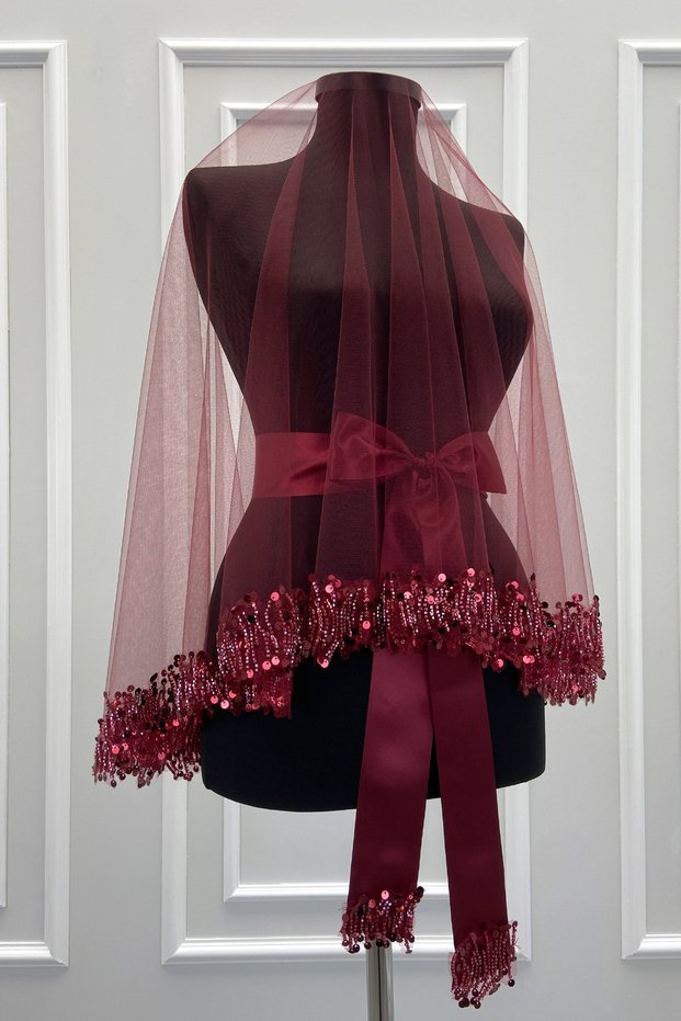 Burgundy Bridal Veil Set, Sparkling Crystal Glass Beads and Sequins Embroidered Henna Veil 6 Pieces