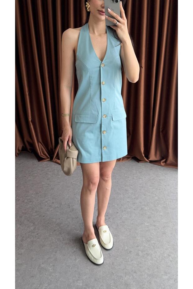 Düğmeli Mint Elbise - 3