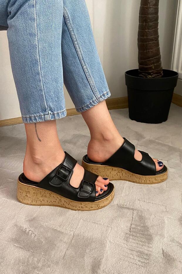 Women's Nora Black Double Band Thick Cork Sole Orthopedic Sandals Slippers K-270