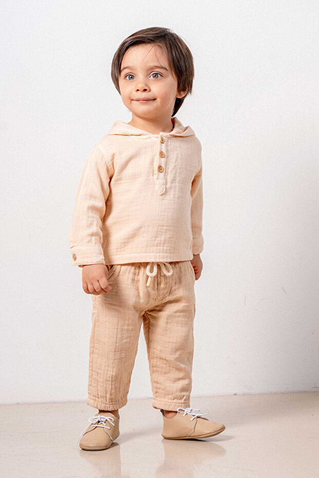 Baby Kids Brown- Salmon Hooded Cotton 2 Piece Set First Ben Trend Fashion Bottom Top Set