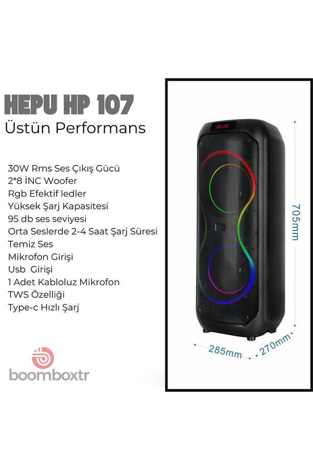 Hp 107 Taşınabilir Şarjlı Bluetooth Hoparlör 30 W Rms 2*8 Inc Kablosuz Karaoke Mikrofon Rgb Led - 3