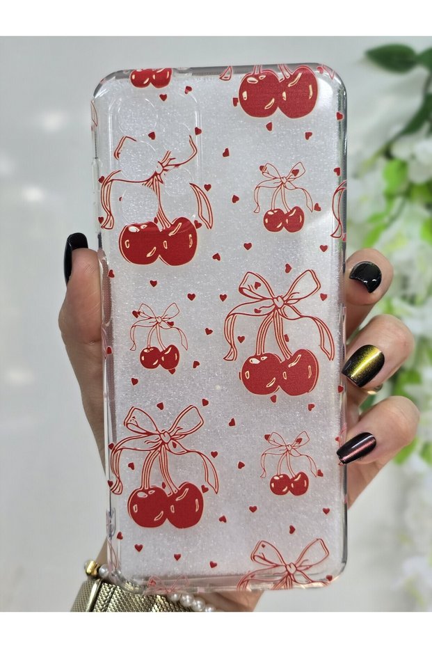 Transparent Phone Case with Cherry and Tiny Hearts Pattern Compatible with Samsung Galaxy A32