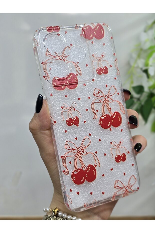 حافظة هاتف شفافة متوافقة مع هاتف Xiaomi Redmi 13 مع نمط الكرز والقلوب الصغيرة - 4