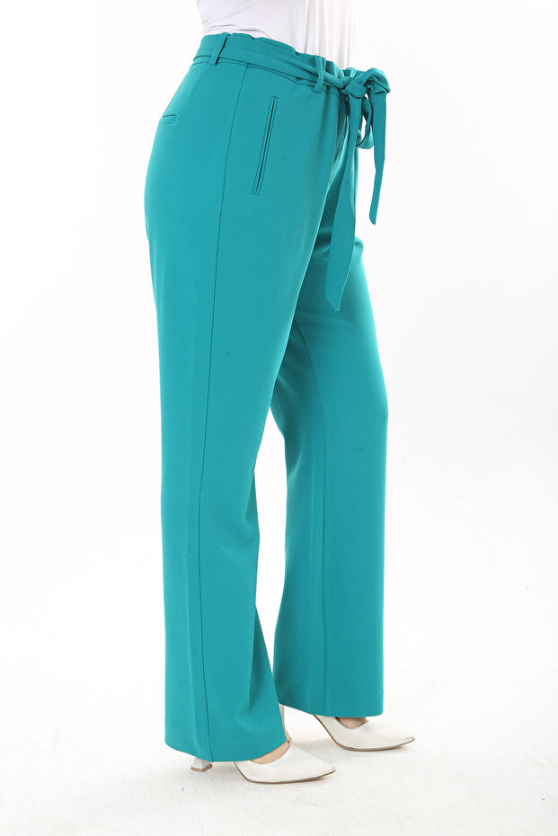 Women's Large Size Green Side Pocket Belted Waist Lycra Classic Pants 65N37568