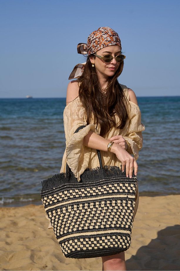 Oversize Dama Desenli Hasır Çanta Siyah - 1
