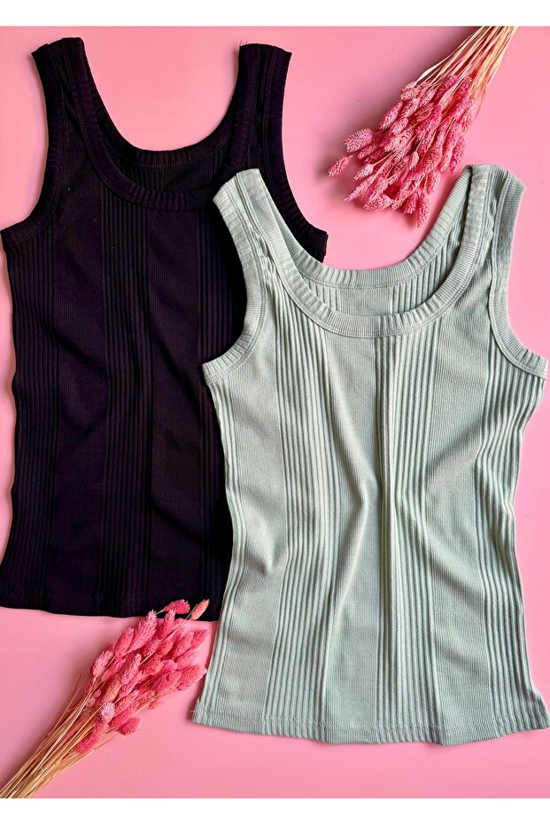 Linea, 2-Piece Green and Black Color, Ribbed Thick Strap, Cotton Women's Undershirt
