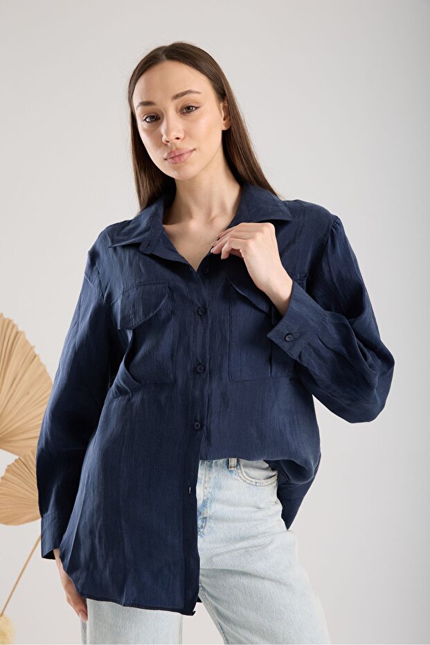 Satin Oversize Women's Shirt Navy Blue Double Pocket Flap Crinkle