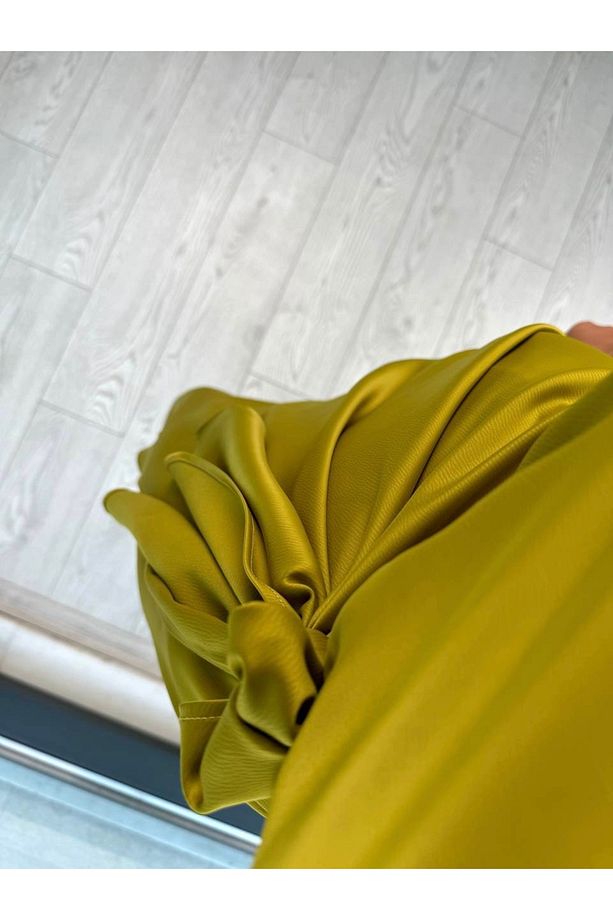 Yağ Yeşili Tek Kol Saten Midi Elbise - 8