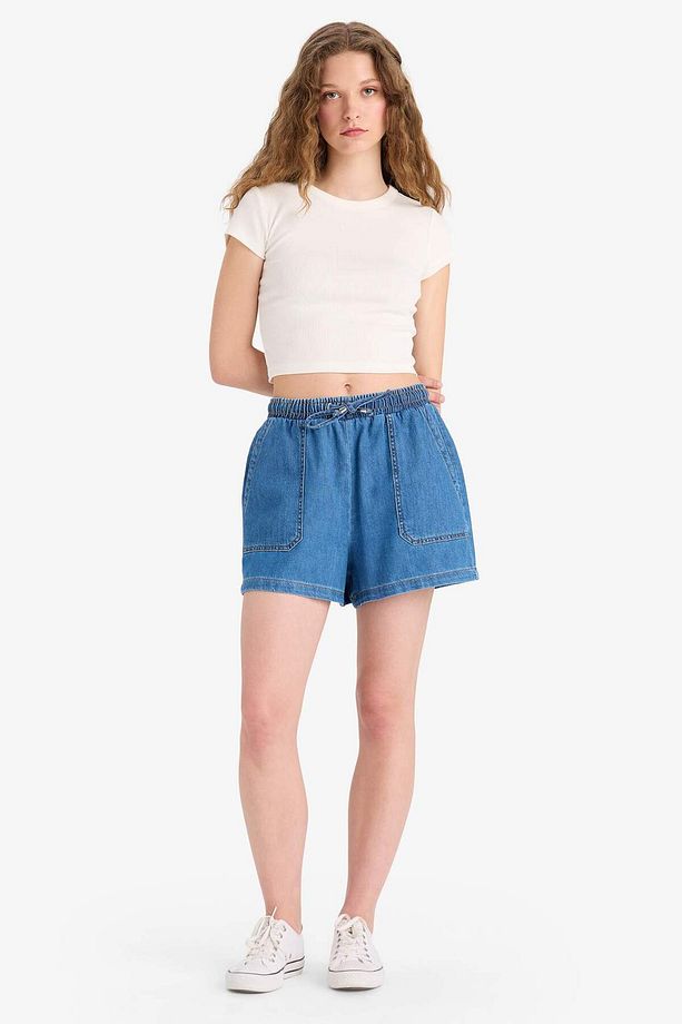 Yüksek Bel Esnek Belli Bağcıklı Yumuşak Jean Şort E0958AX25SM - 3