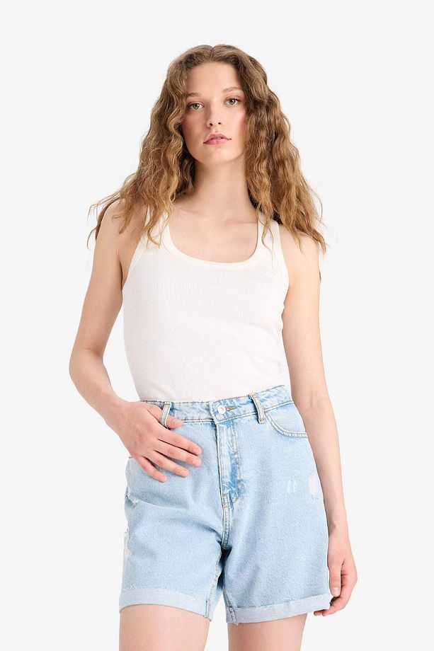 Boyfriend Yüksek Bel Yıkamalı Duble Paça Jean Şort E0934AX25SM - 5